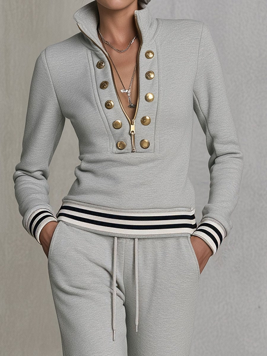 Fashionable Sporty Grey Half-zip Button Sweatshirt And Wide-leg Pants Set