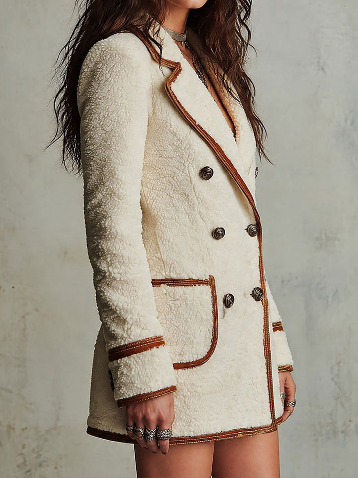 Boho Cream Sherpa Double-Breasted Coat with Brown Contrast Piping