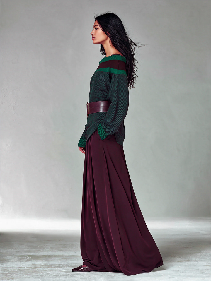 Elegant Off-Shoulder Color Block Sweater with Pleated Maxi Skirt Set