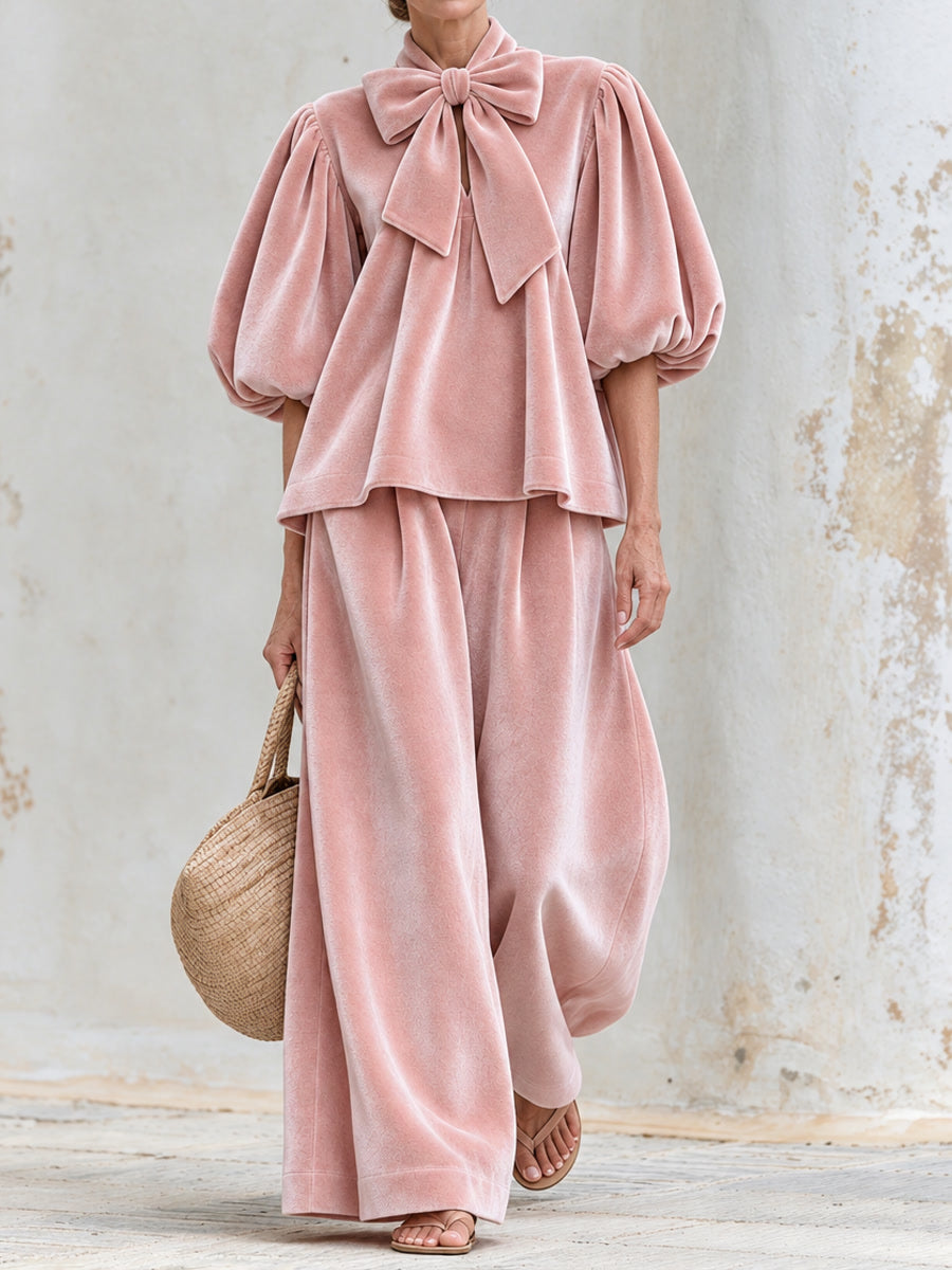 Blush Pink Bow Neck Puff Sleeve Top and Wide-Leg Pants Two-Piece Set