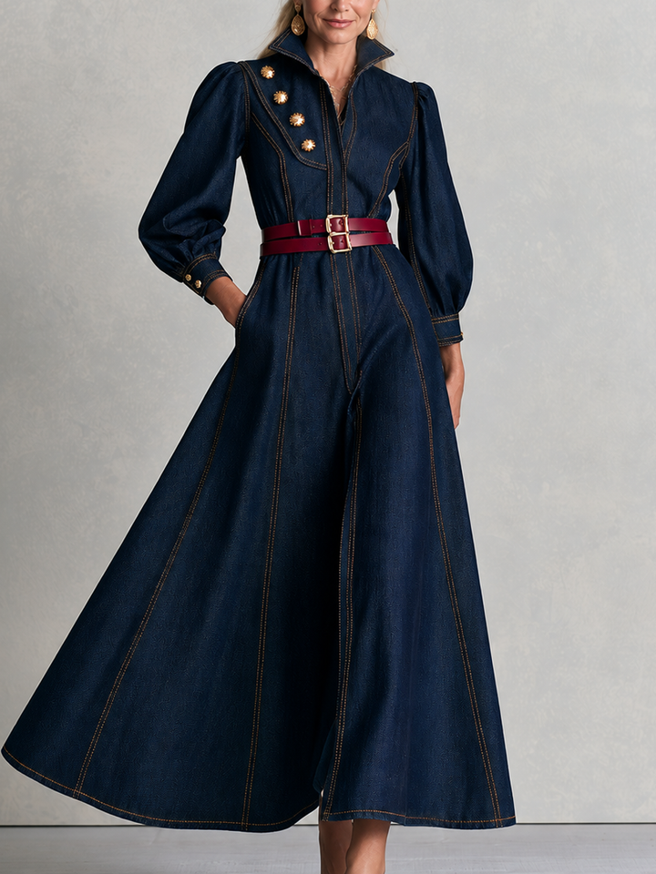 Vintage Military Dark Wash Gold Button Denim Maxi Dress