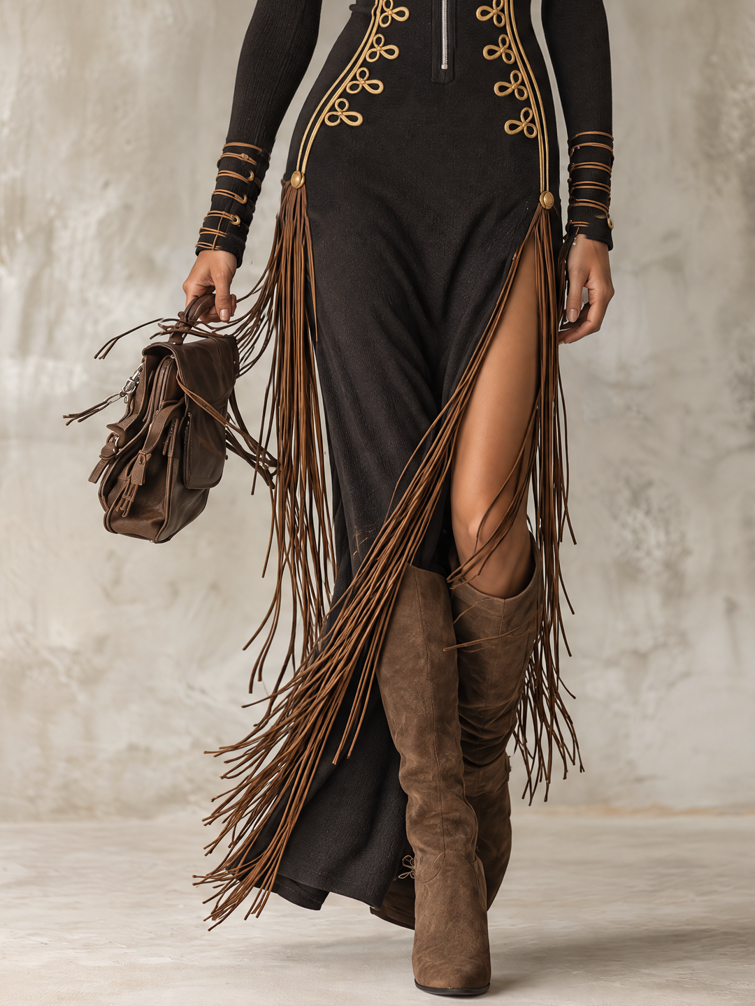 Black Stand Collar Zip Front Gold Embroidery High Slit Fringe Maxi Dress