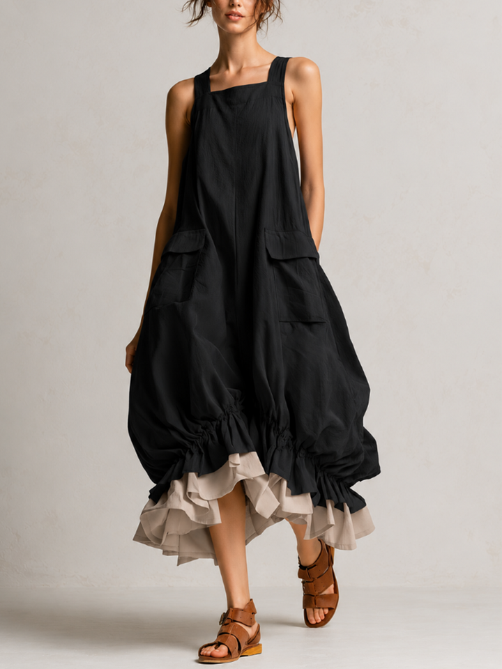 Black Sleeveless Big Pockets Layered Ruffle Hem Bubble Midi Dress