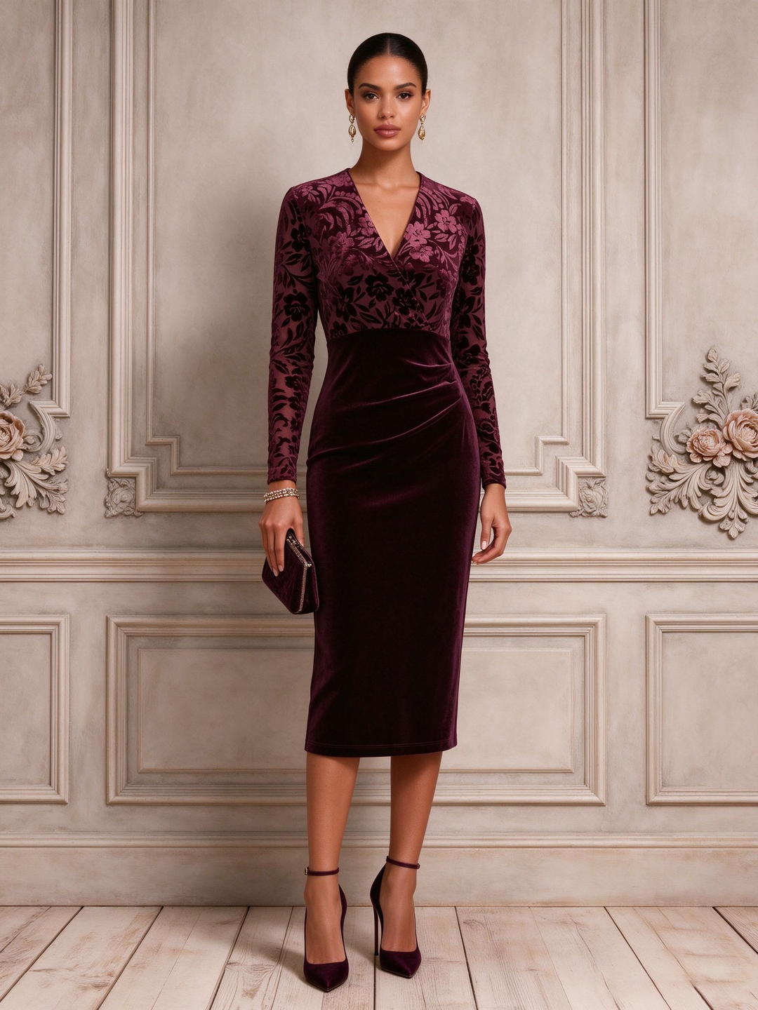 Purple Flocked Ruched Velvet V Neck Long Sleeve Sheath Midi Dress