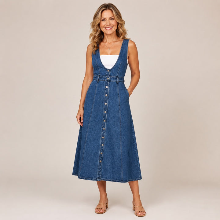 Elara Button-Front Denim Overall Midi Dress
