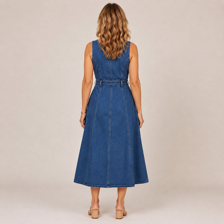 Elara Button-Front Denim Overall Midi Dress