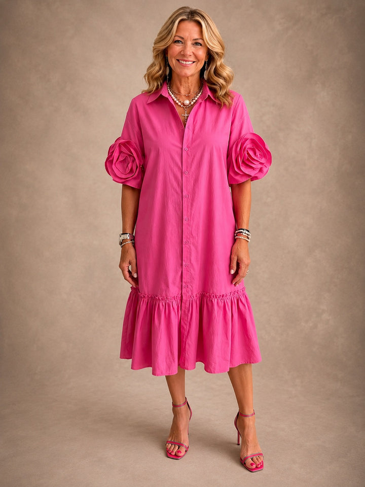 Women 3D Rose Sleeve Shirt Midi Dress Button Down Ruffle Hem Dress With Pockets