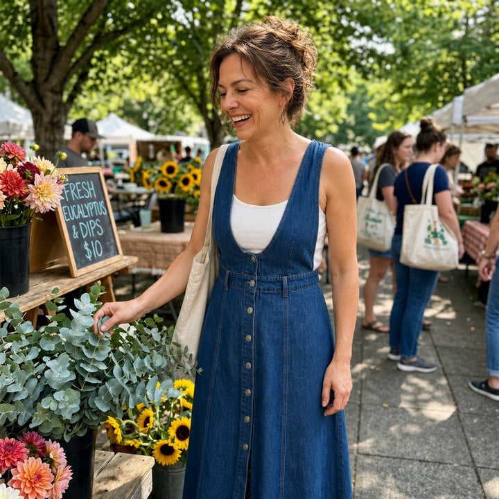 Elara Button-Front Denim Overall Midi Dress