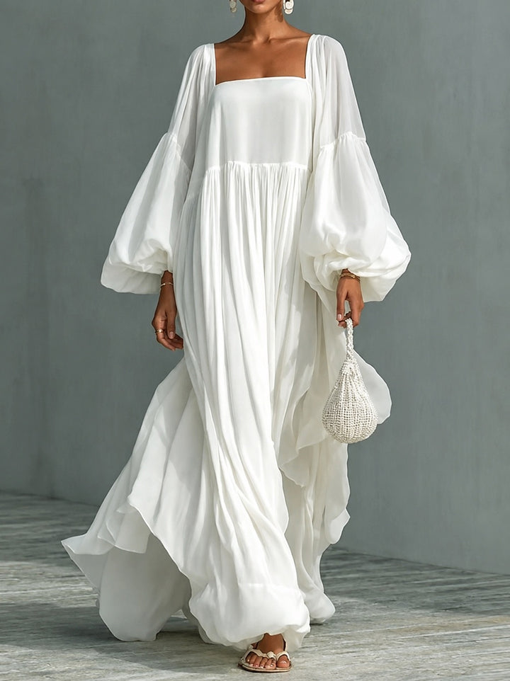 Caroline Square-Neck Puff-Sleeve Maxi Dress