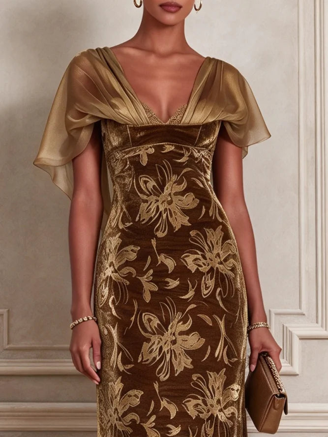 Brown floral velvet V-neck short-sleeved mermaid maxi dress