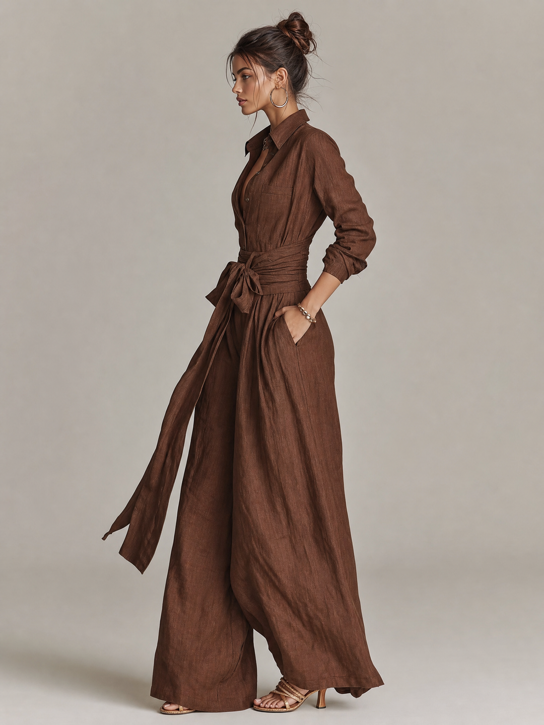 Women's Elegant Brown Woven Cotton-linen Long-sleeved Shirt Collar Jumpsuit With Belt