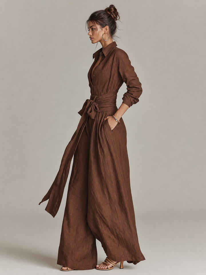 Women's Elegant Brown Woven Cotton-linen Long-sleeved Shirt Collar Jumpsuit With Belt