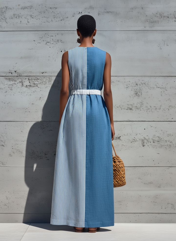 Barbara Cotton-Linen Striped Maxi Dress with Pockets
