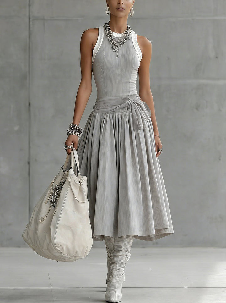 The Gray Ribbed Set — Sculpted Top & Draped Midi Skirt
