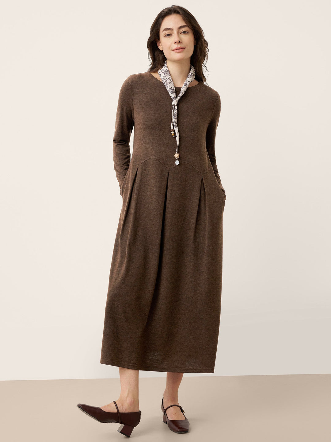 Wool Arc-Panel Sculpted Pleats Midi Dress