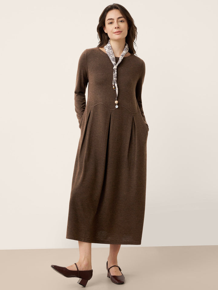 Wool Arc-Panel Sculpted Pleats Midi Dress