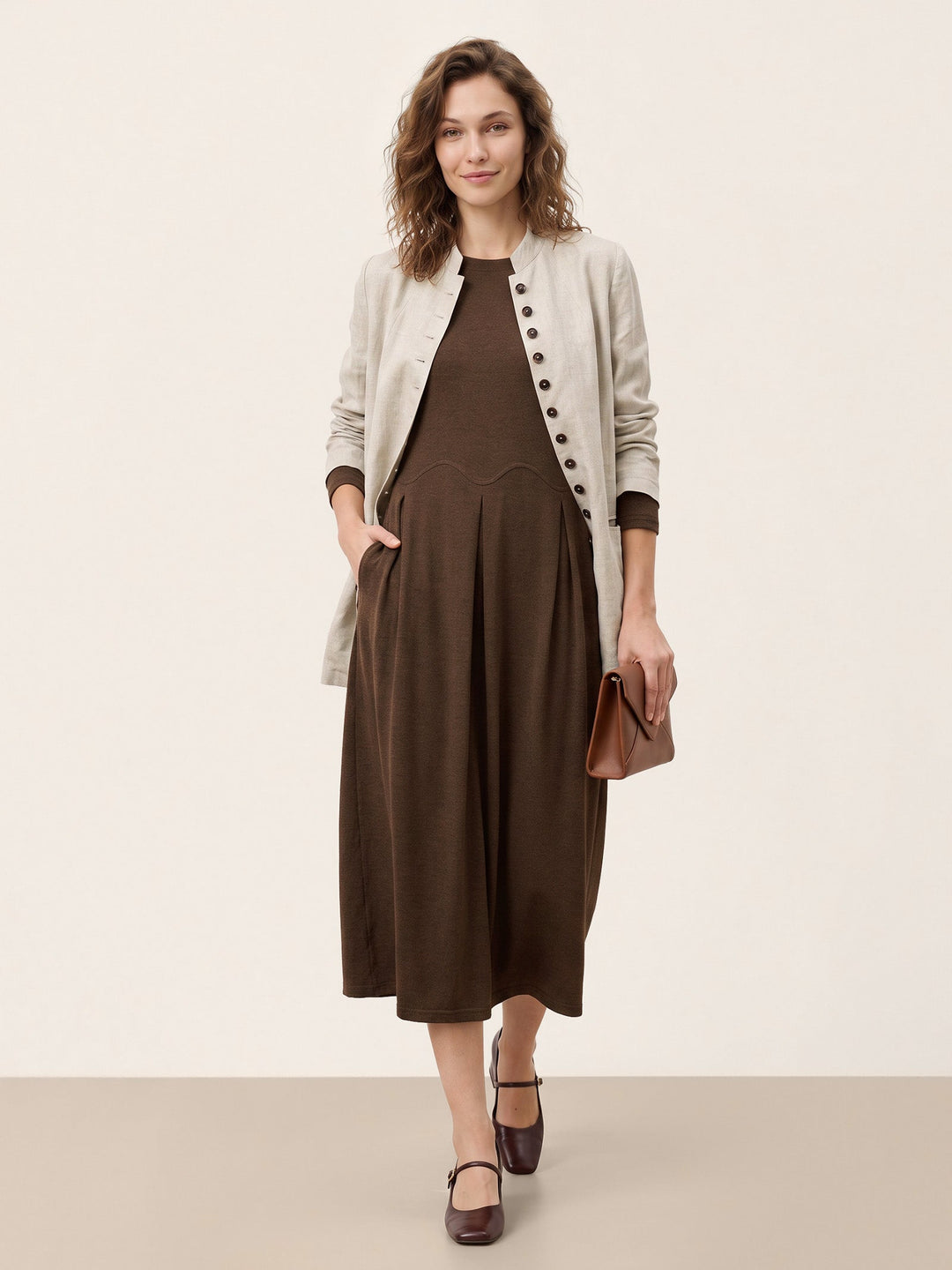 Wool Arc-Panel Sculpted Pleats Midi Dress