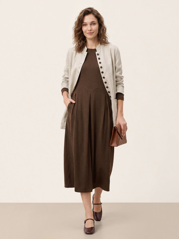 Wool Arc-Panel Sculpted Pleats Midi Dress