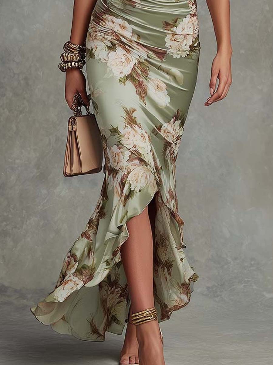 Linda Floral Ruffle Satin Maxi Dress