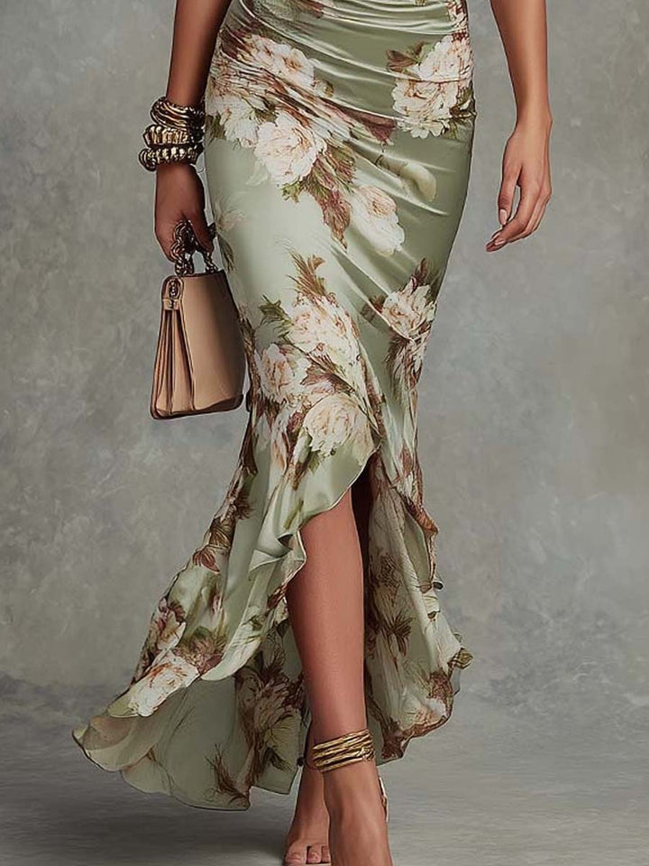 Linda Floral Ruffle Satin Maxi Dress