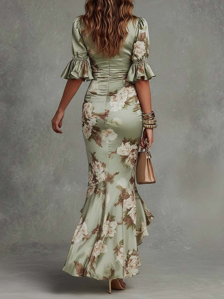 Linda Floral Ruffle Satin Maxi Dress
