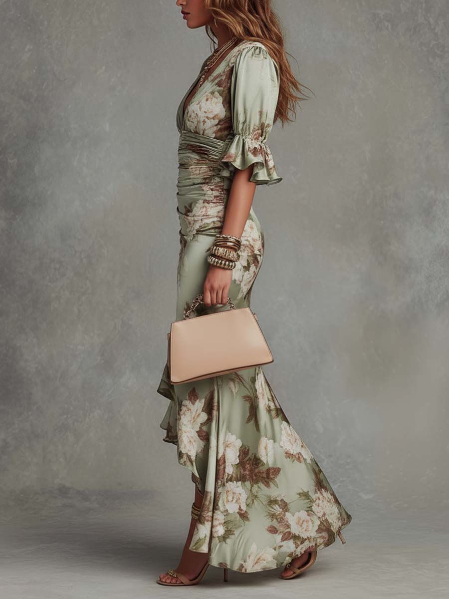Linda Floral Ruffle Satin Maxi Dress