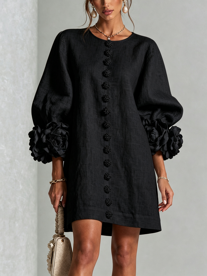 Black Floral Button-down Mini Dress With Striking Floral Cuffs