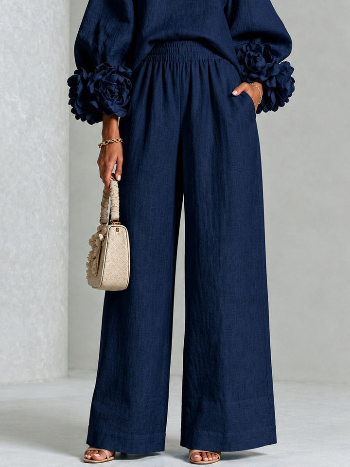 Navy Top Featuring Striking Floral Cuffs Paired With Wide-leg Pants Suit