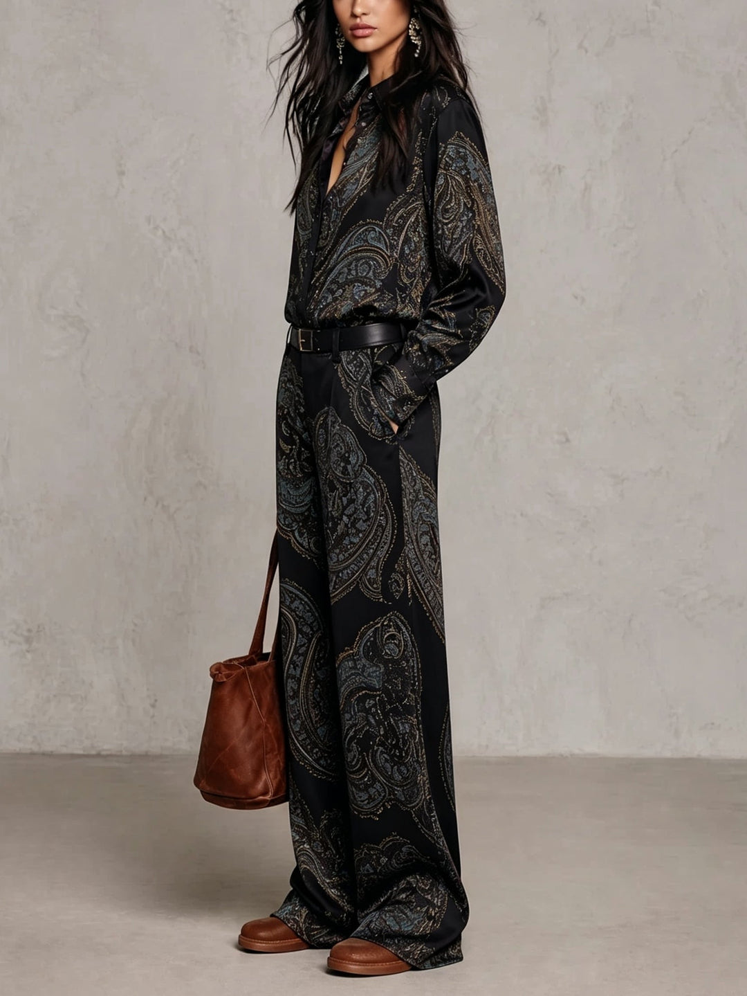 Burgundy-purple Paisley Print Satin Long-sleeve Shirt And Wide-leg Trousers Set (with belt)