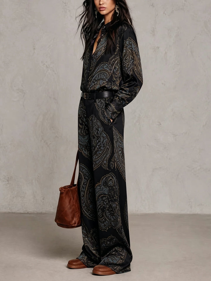 Burgundy-purple Paisley Print Satin Long-sleeve Shirt And Wide-leg Trousers Set (with belt)