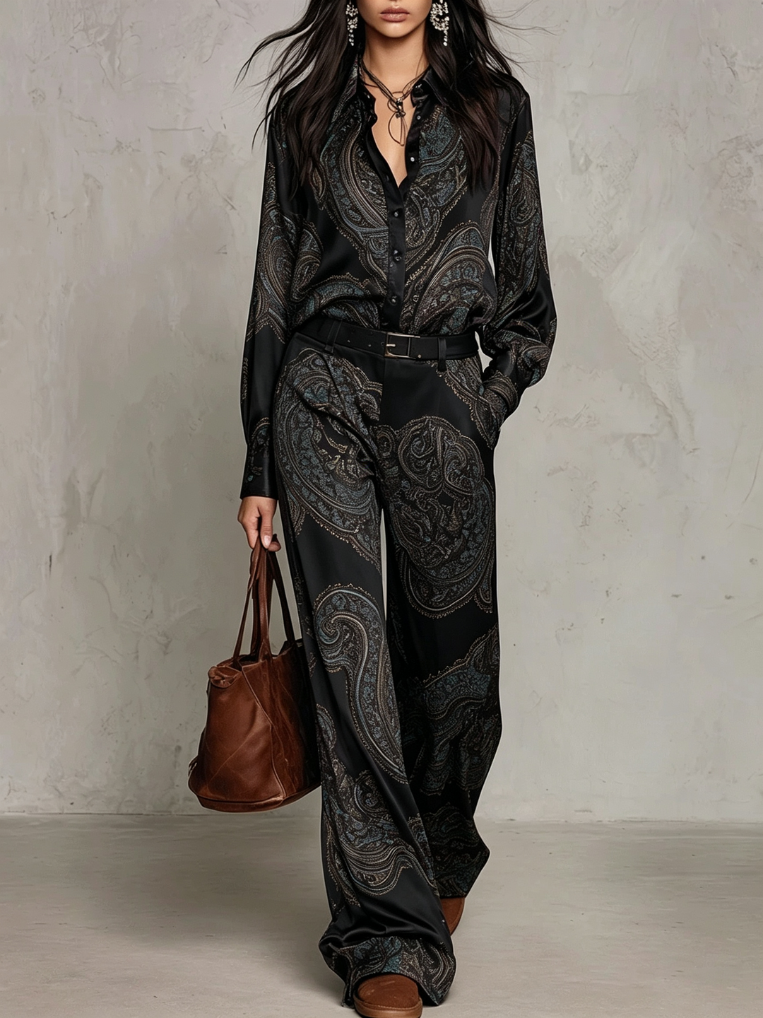 Burgundy-purple Paisley Print Satin Long-sleeve Shirt And Wide-leg Trousers Set (with belt)