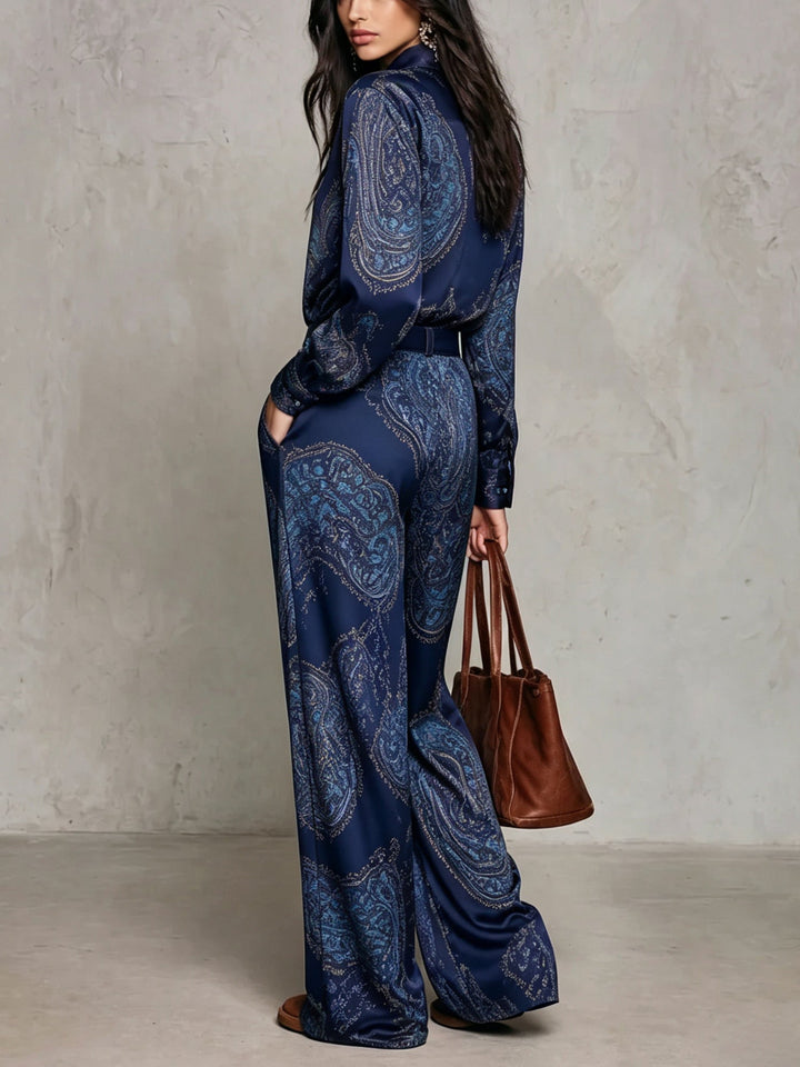 Burgundy-purple Paisley Print Satin Long-sleeve Shirt And Wide-leg Trousers Set (with belt)