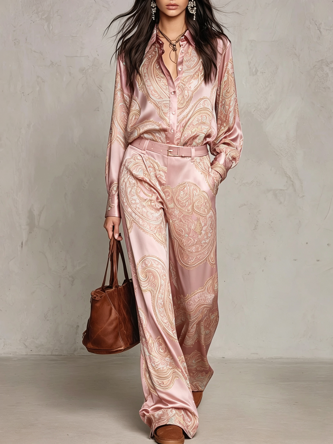 Burgundy-purple Paisley Print Satin Long-sleeve Shirt And Wide-leg Trousers Set (with belt)