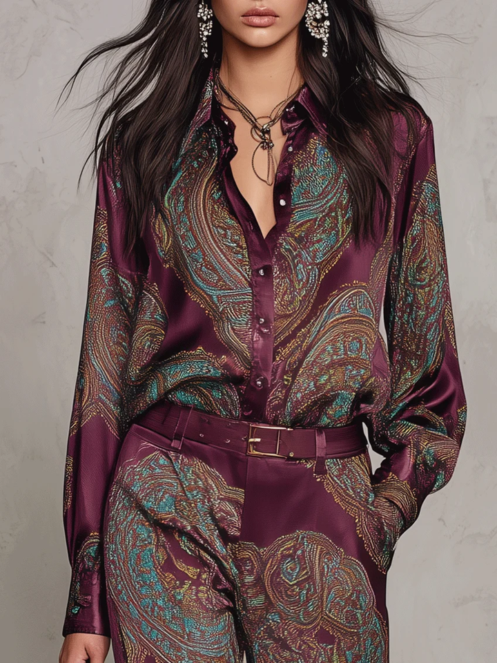 Burgundy-purple Paisley Print Satin Long-sleeve Shirt And Wide-leg Trousers Set (with belt)