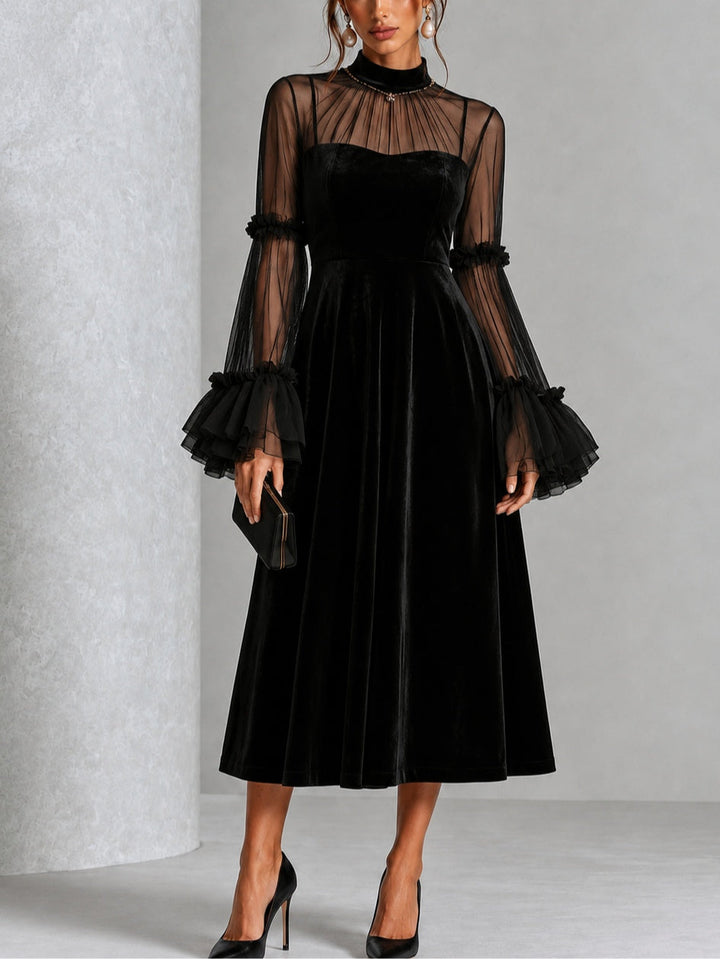Black Velvet And Sheer Mesh Spliced Pleated Midi Dress