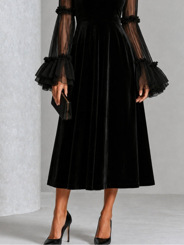 Black Velvet And Sheer Mesh Spliced Pleated Midi Dress