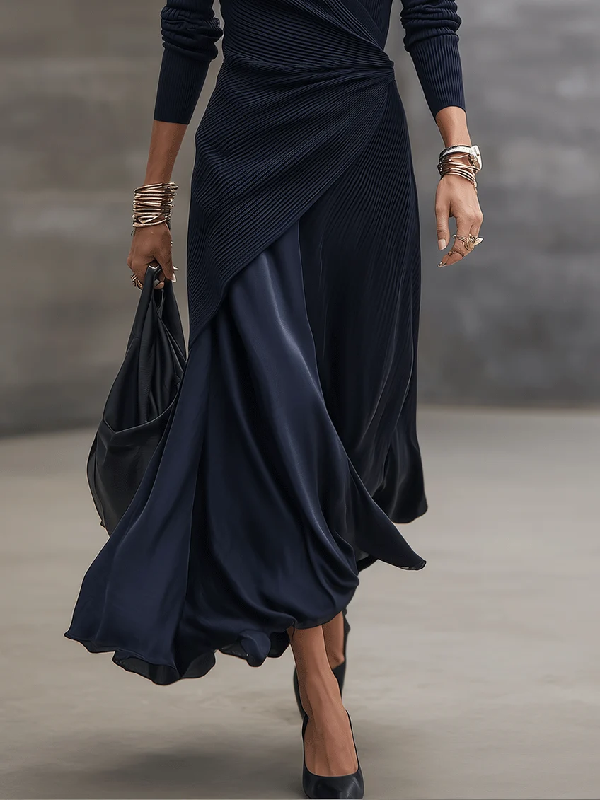 Navy V-neck Ribbed Asymmetrical Wrap Maxi Dress Set With Satin Paneling