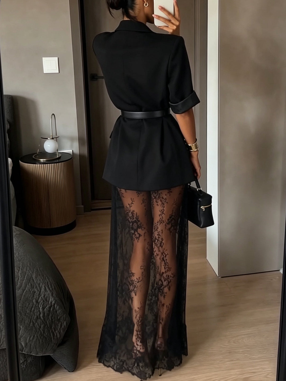 Black Short Sleeve Blazer & Sheer Floral Lace Slip Maxi Dress Two-piece Set(with belt)