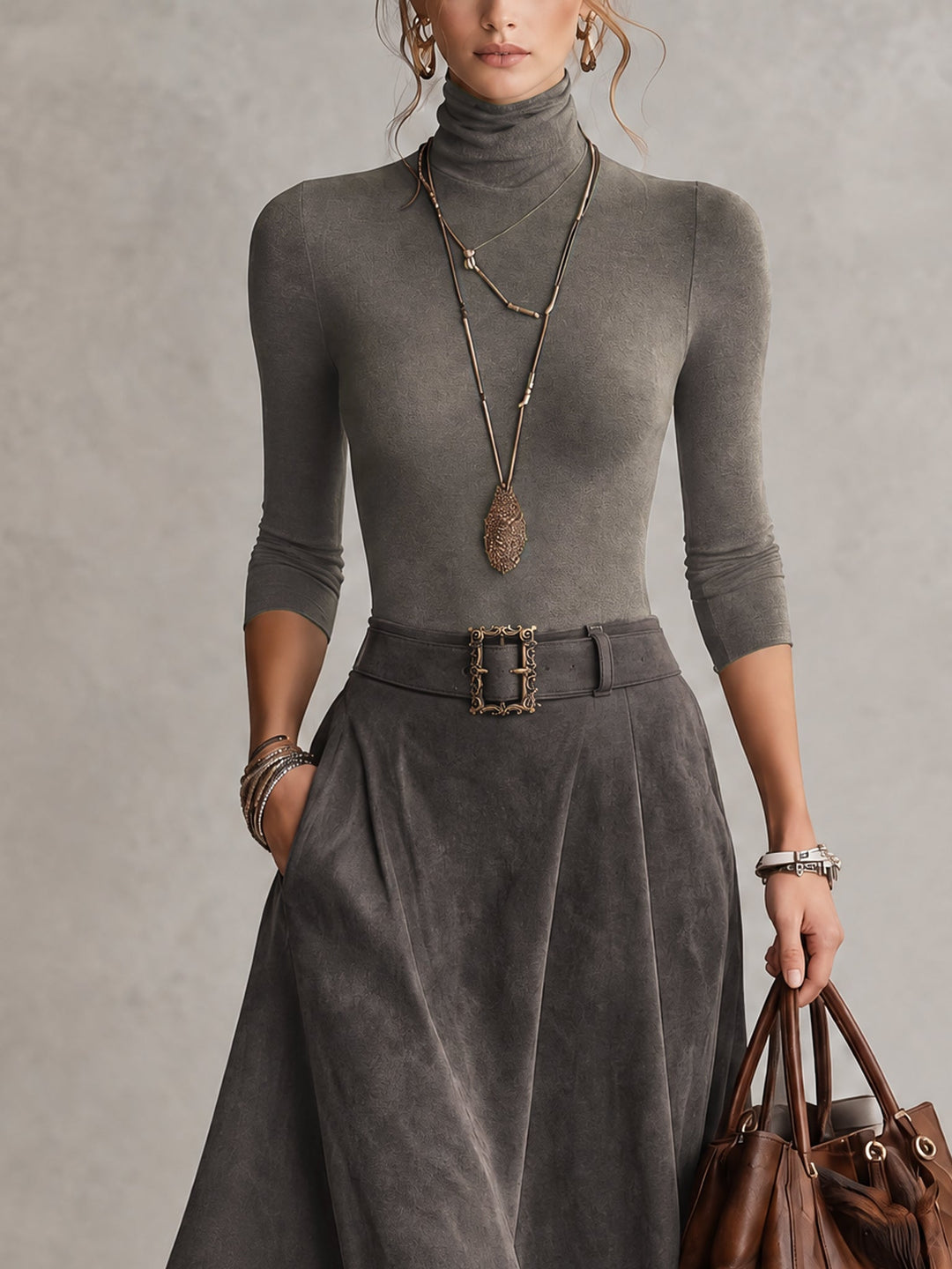 Gray Stretch Turtleneck Top And Asymmetrical Faux Suede Skirt Set (with belt)