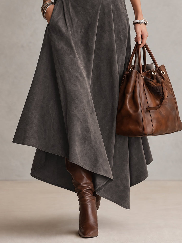Gray Stretch Turtleneck Top And Asymmetrical Faux Suede Skirt Set (with belt)