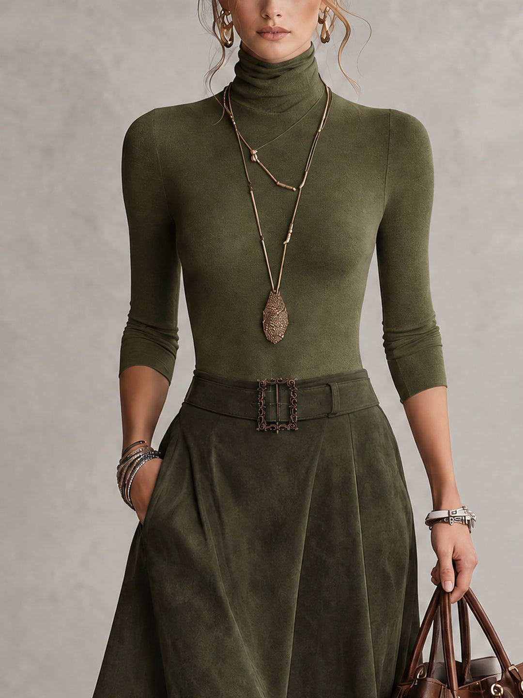 Olive Green Stretch Turtleneck Top And Asymmetrical Faux Suede Skirt Set (with belt)