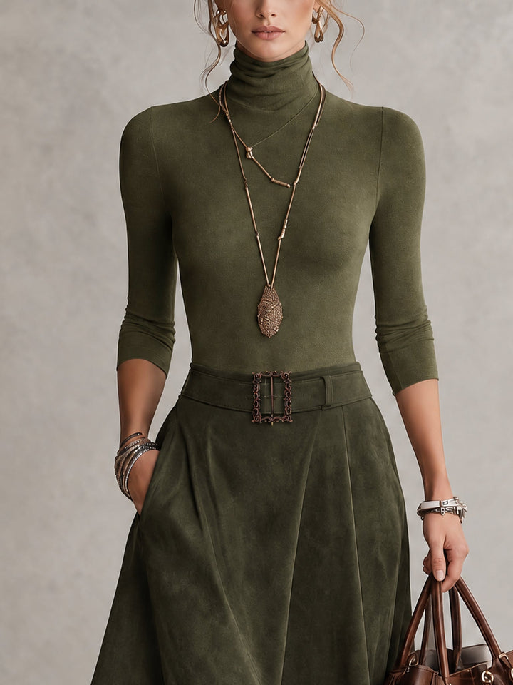 Olive Green Stretch Turtleneck Top And Asymmetrical Faux Suede Skirt Set (with belt)