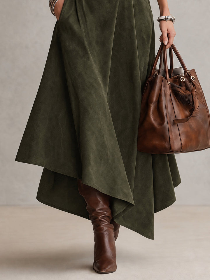 Olive Green Stretch Turtleneck Top And Asymmetrical Faux Suede Skirt Set (with belt)