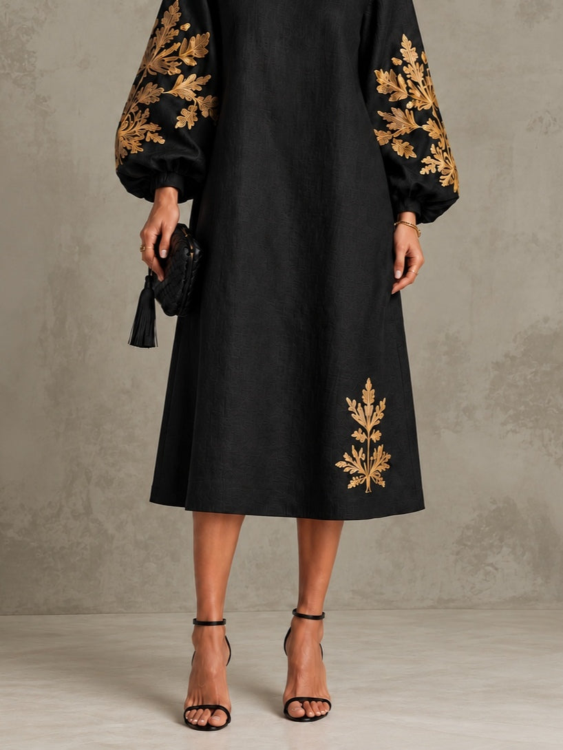 Black Gold Printed Round Neck Lantern Sleeve Loose Midi Dress