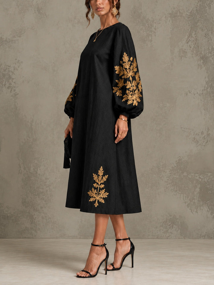 Black Gold Printed Round Neck Lantern Sleeve Loose Midi Dress