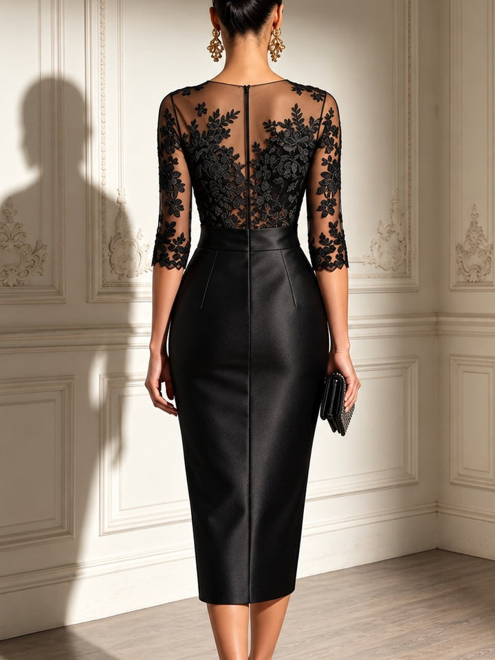 Black Lace Tulle Sleeve Bow Satin Midi Dress