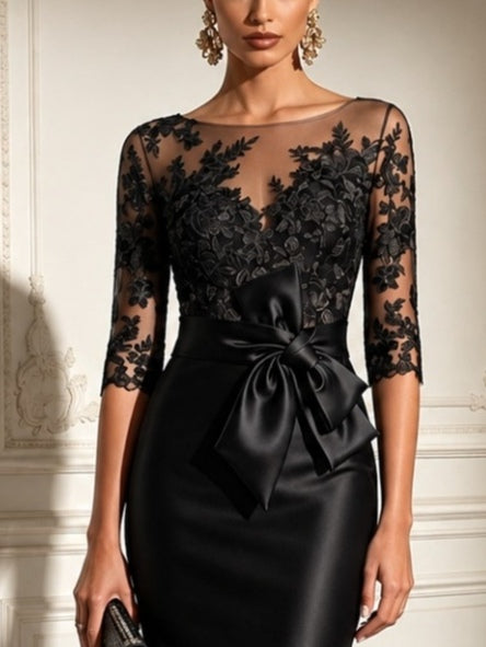 Black Lace Tulle Sleeve Bow Satin Midi Dress