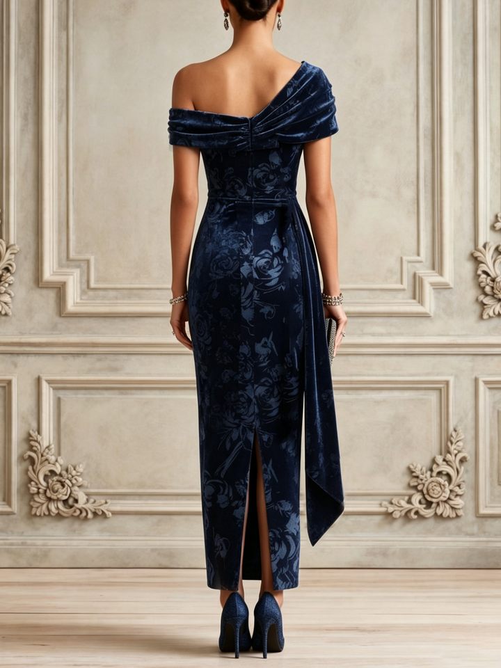 Blue Floral Split Joint Ruched Velvet One Shoulder Short Sleeve Bodycon Maxi Dress