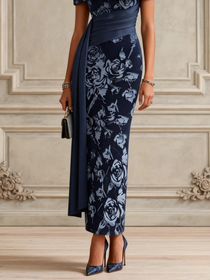 Blue Floral Split Joint Ruched Velvet One Shoulder Short Sleeve Bodycon Maxi Dress