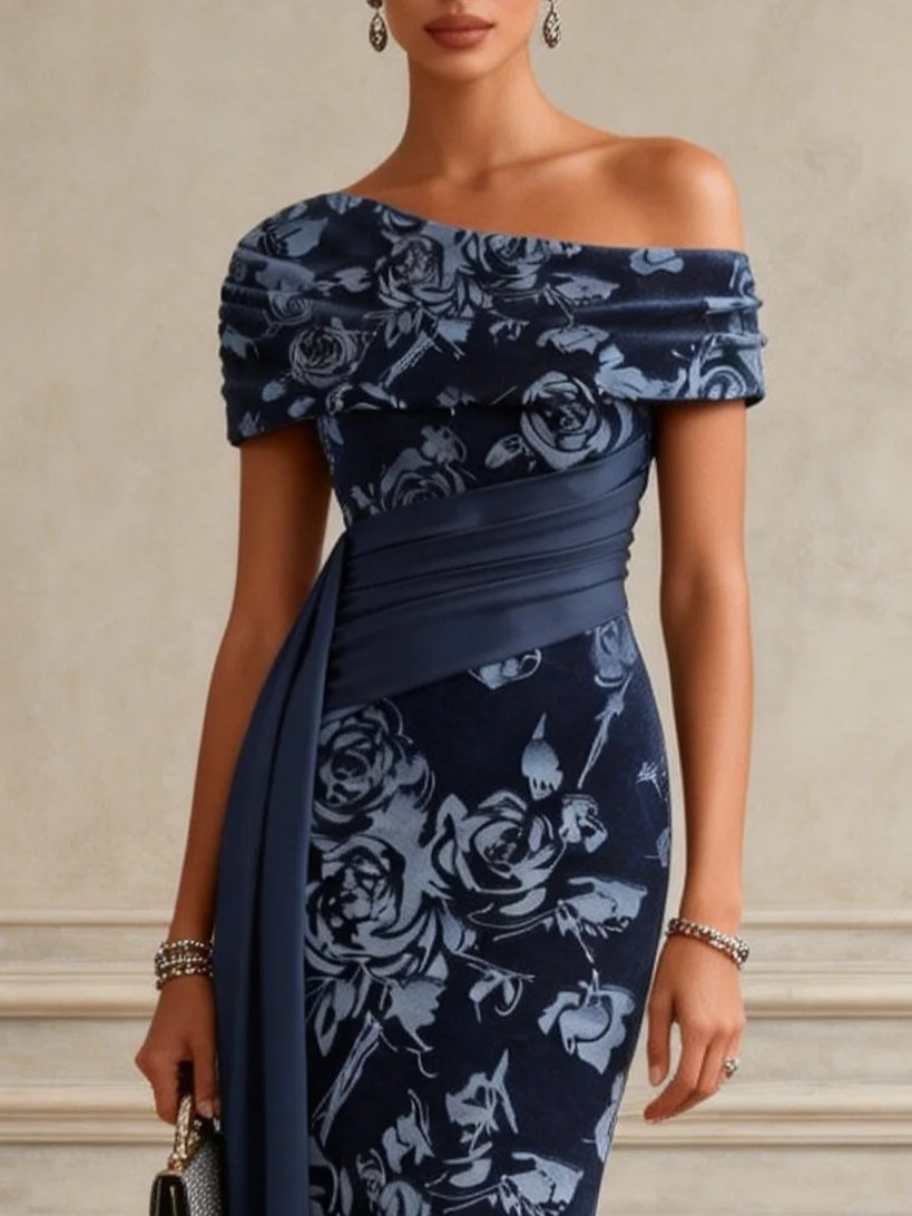 Blue Floral Split Joint Ruched Velvet One Shoulder Short Sleeve Bodycon Maxi Dress